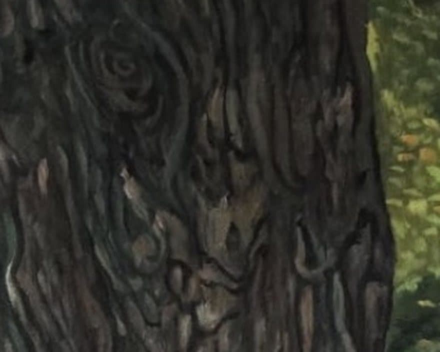 Close detail of a hand-painted oil portrait showing brushwork and ridged paint texture in the bark of a tree.