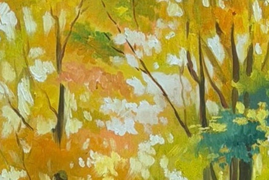 Close detail of a hand-painted oil wedding portrait, showing individual brushstrokes and thick dabs of paint in the autumn foliage.