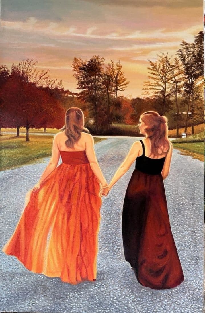 Custom oil painting of two women in evening gowns walking hand in hand down a road at sunset, painted from a phone photograph.