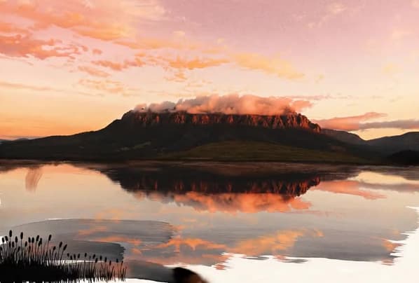 A mountain sunset painting itself onto paper, resting on the finished painting, then beginning again