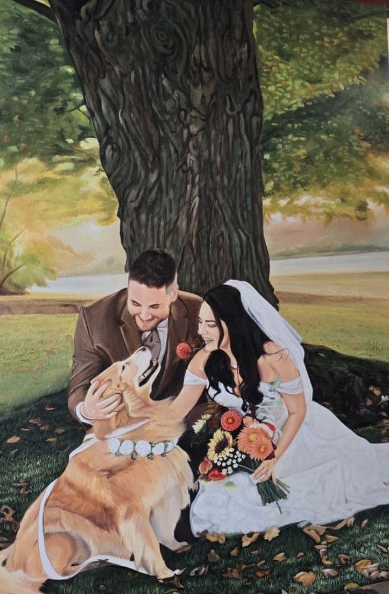 Wedding portrait painting of a bride, groom and their dog under a maple tree, hand-painted in oil on canvas from a wedding photograph.